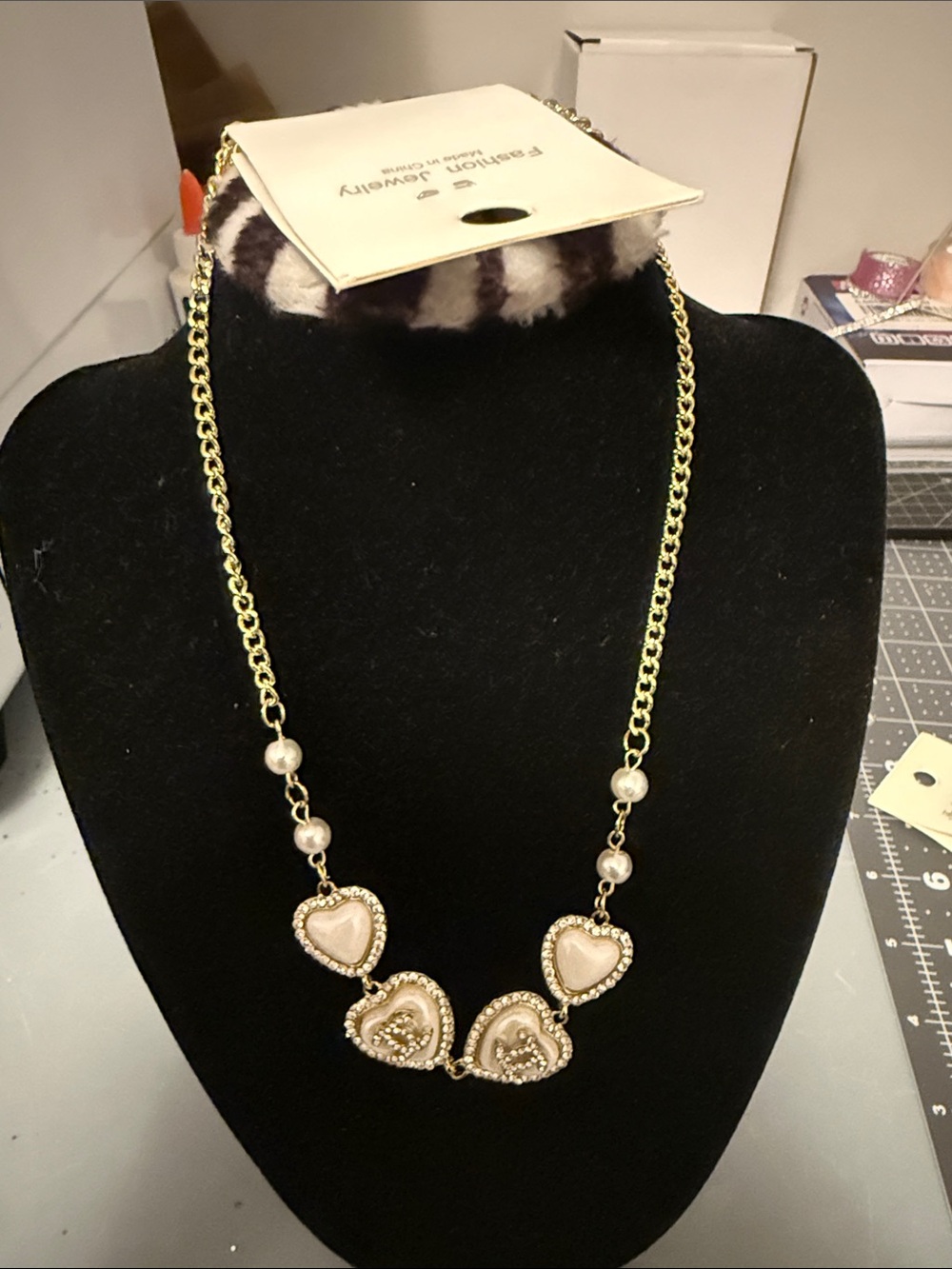 Gold-Tone Heart Pendant Necklace with Cream Inlay - Fashion Jewelry